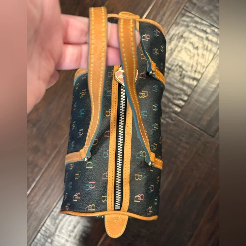 Dooney & Bourke Black Multicolor Logo Barrel Satchel with Tan Trim